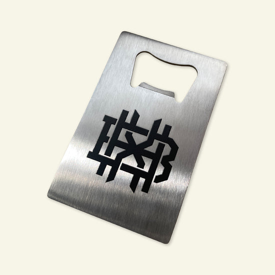 Brumbox BHX Monogram engraved credit card sized stainless steel bottle opener (front)