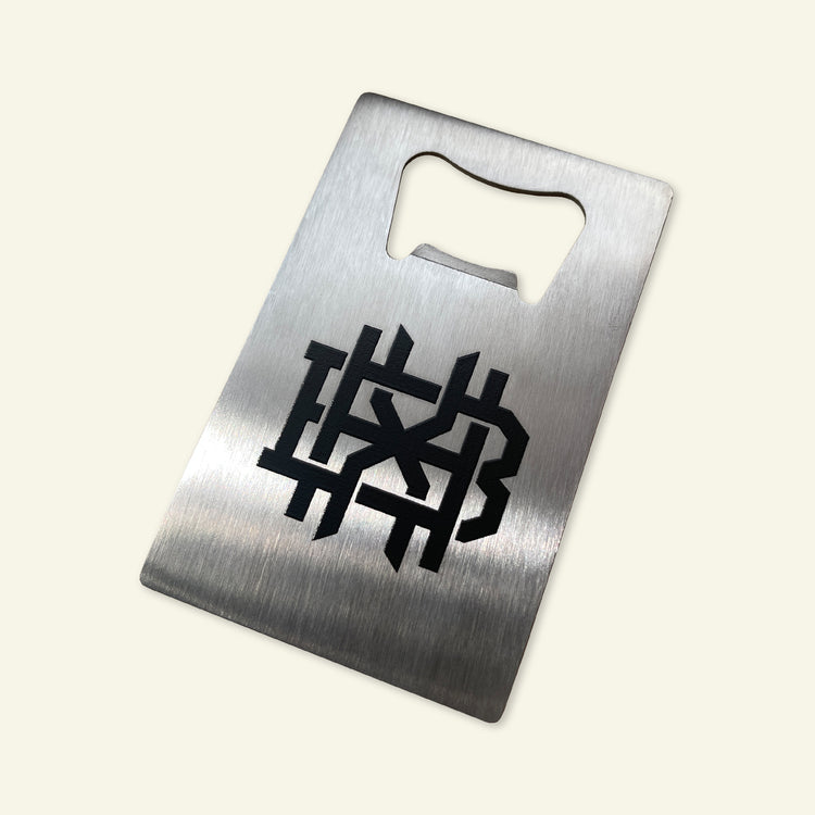 Brumbox BHX Monogram engraved credit card sized stainless steel bottle opener (front)