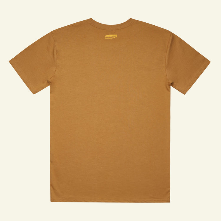 Brumbox Bearwood athletic varsity style logo printed in yellow on the chest of a mustard t-shirt (back)