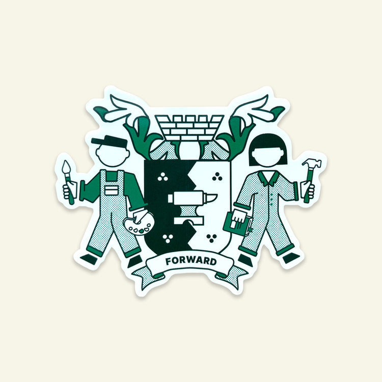 Brum Coat Of Arms sticker, illustrated interpretation of the Birmingham crest in shades of green.