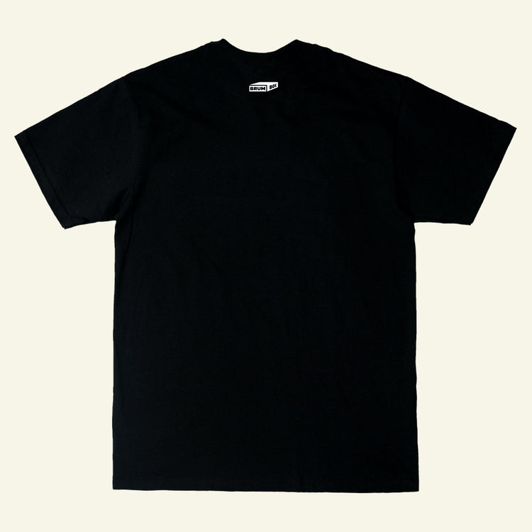 Brumbox BHX chest print in white on a black t-shirt (back)