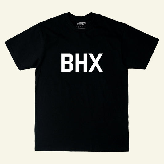 Brumbox BHX chest print in white on a black t-shirt (front)