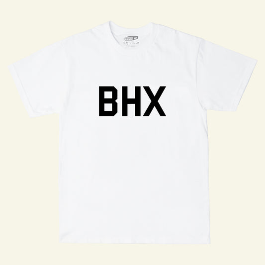 Brumbox BHX chest print in black on a white t-shirt (front)