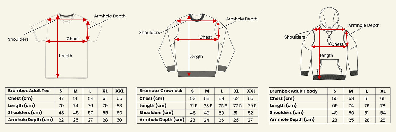 Brumbox tee, crewneck and hoody size guide