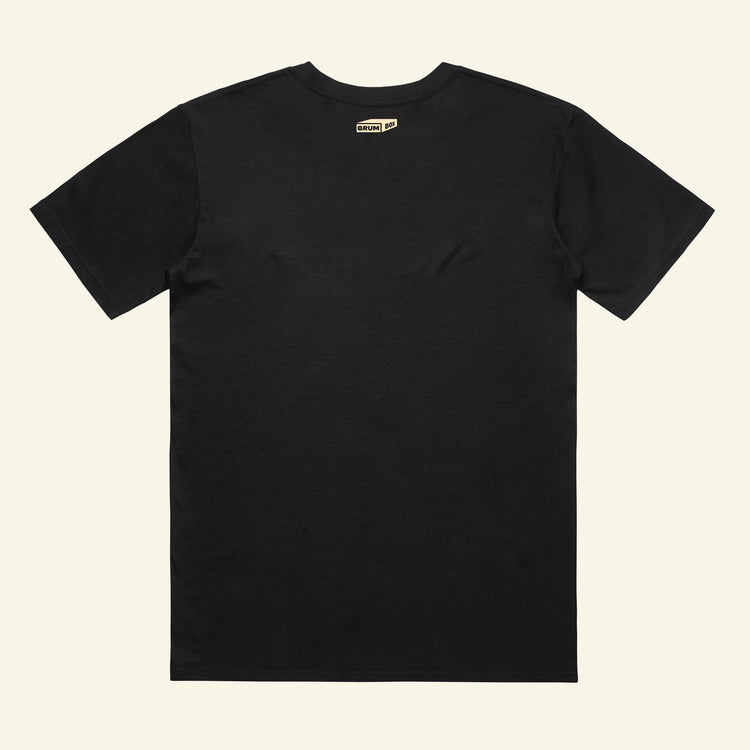 Brumbox Kings Heath athletic varsity style logo printed in cream on the chest of a black t-shirt (back)