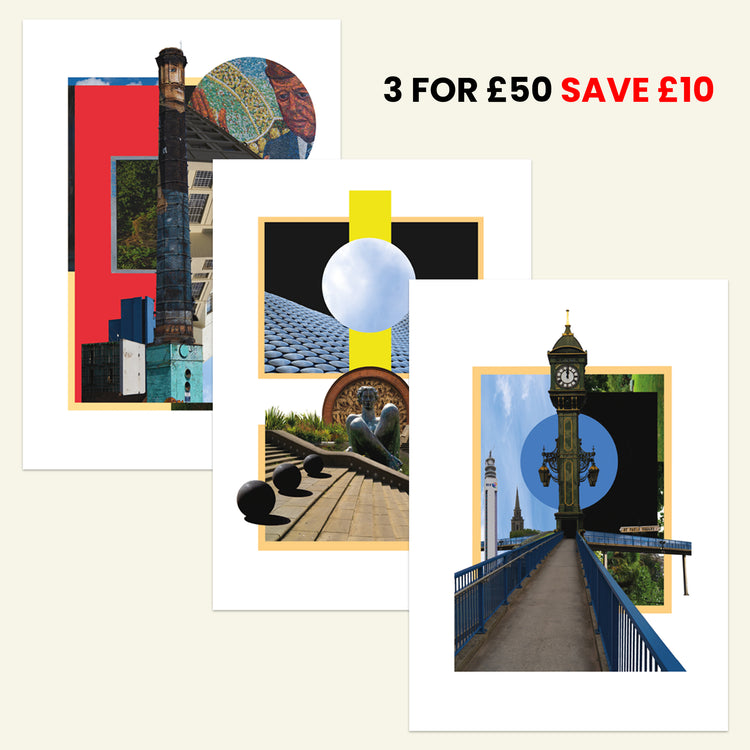 Brumbox Birmingham Explorer Art Print bundle containing Town, Jewellery Quarter, and Digbeth collages.
