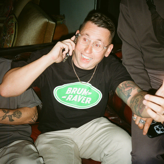 Model wears Brumbox's black Brum Raver T-shirt