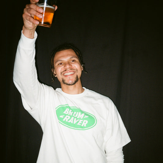 Model wears Brumbox's Brum Raver white T-shirt