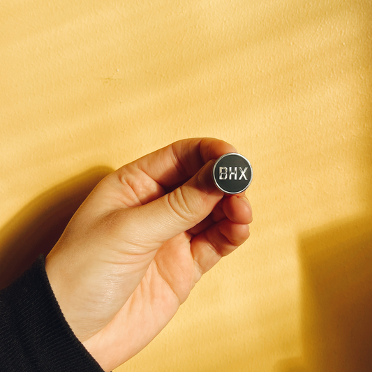 Brumbox BHX Birmingham enamel pin badge in nickel and black.