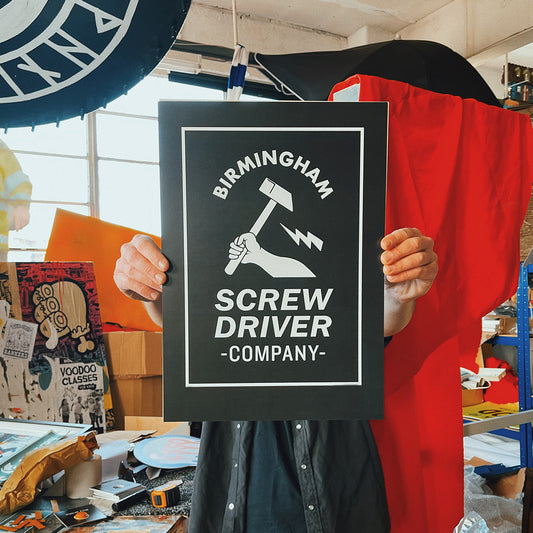 Brumbox Fokawolf holding the Birmingham screwdriver company A3 poster print
