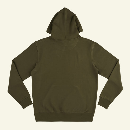 Brumbox Bearwood athletic varsity style logo chest print in yellow on moss green hoodie (back)