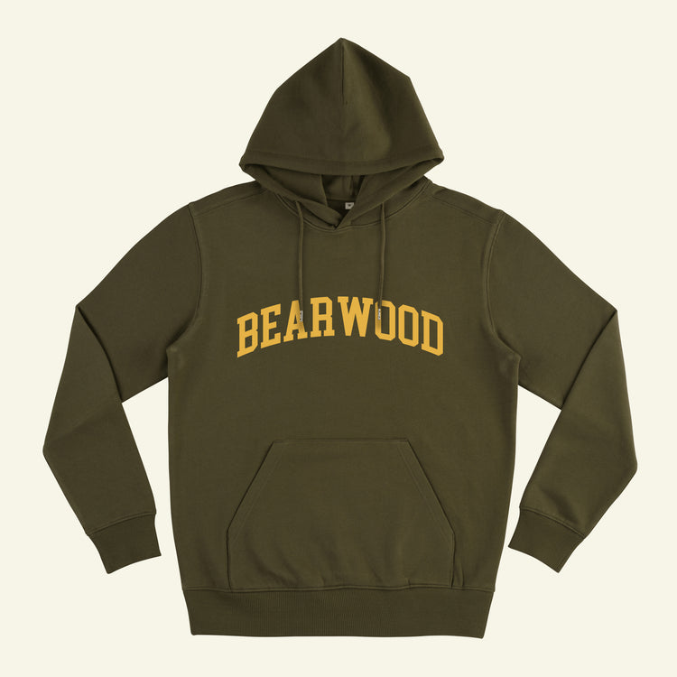 Brumbox Bearwood athletic varsity style logo chest print in yellow on moss green hoodie (front)