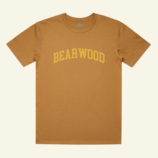 Brumbox Bearwood athletic varsity style logo printed in yellow on the chest of a mustard t-shirt (front)