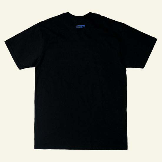 Brumbox blue BHX Monogram logo chest print on a black t-shirt (back)