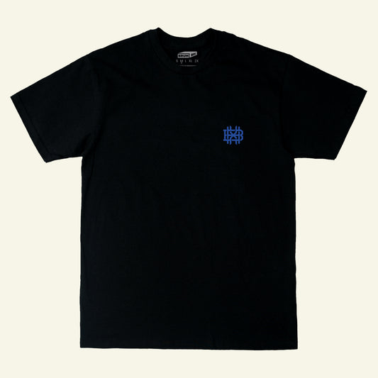 Brumbox blue BHX Monogram logo chest print on a black t-shirt (front)