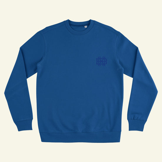 Brumbox Monogram logo printed on chest in blue on a royal blue sweatshirt (front)