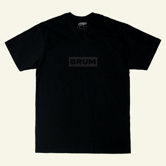 Brumbox Brum logo in black on a black t-shirt (Front)