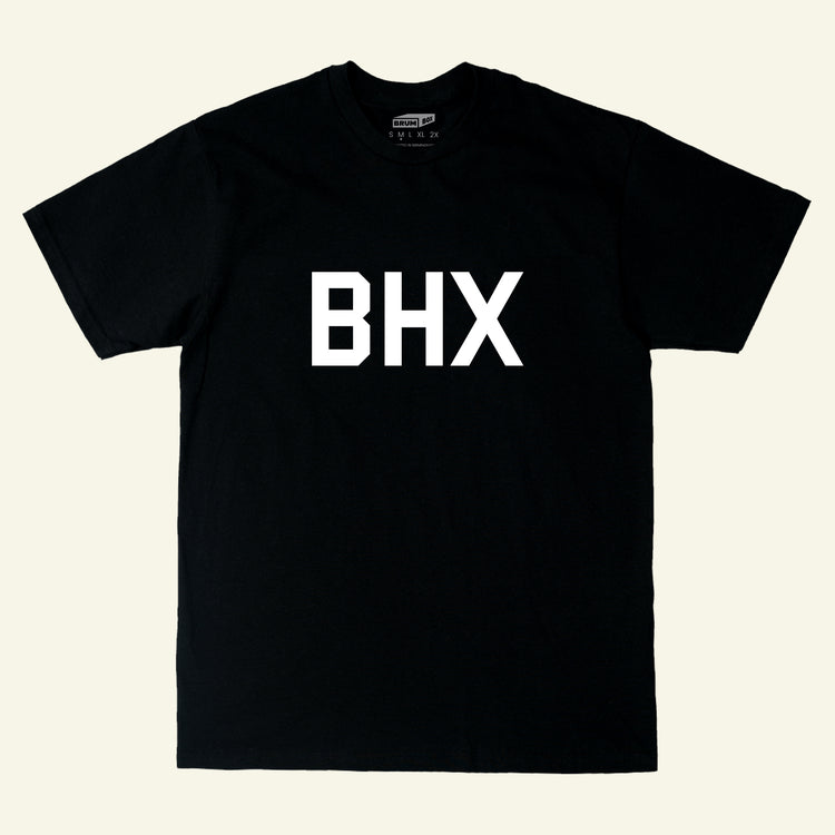 Brumbox BHX chest print in white on a black t-shirt (front)