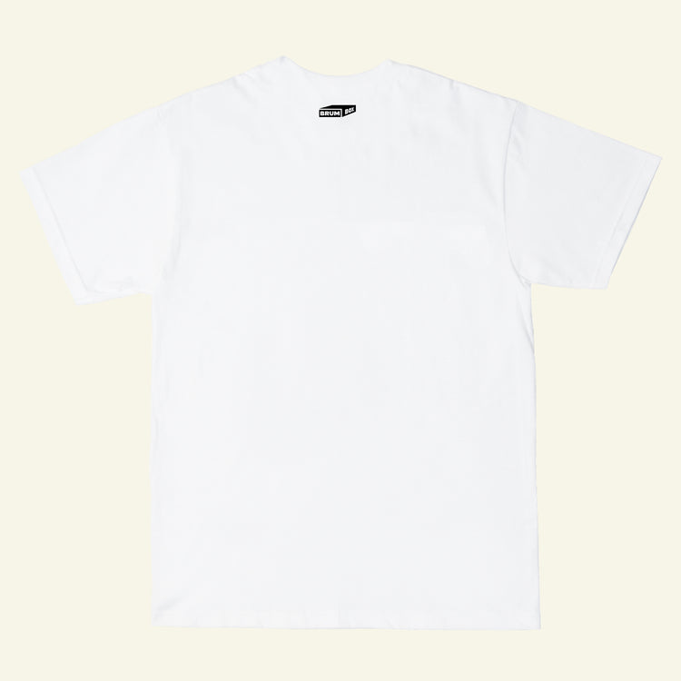 Brumbox BHX chest print in black on a white t-shirt (back)
