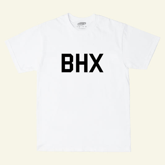 Brumbox BHX chest print in black on a white t-shirt (front)