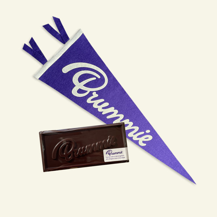 Brumbox's vegan Brummie chocolate bar, made in collaboration with The Chocolate Quarter and Brummie hand made felt Pennant