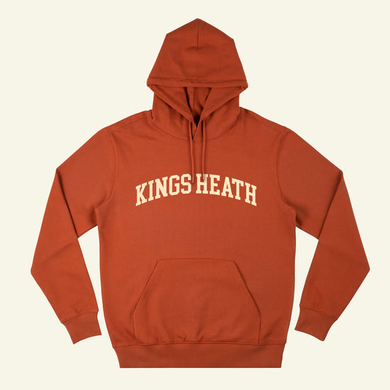 Brumbox Kings Heath athletic varsity style logo chest print in cream on copper hoodie (front)
