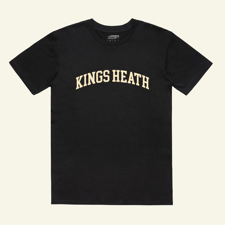 Brumbox Kings Heath athletic varsity style logo printed in cream on the chest of a black t-shirt (front)