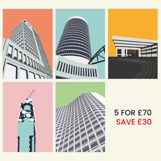 Brumbox Birmingham Landmark Art Prints bundle containing BT Tower, Central Library, Rotunda, Alpha Tower and National Westminster House.