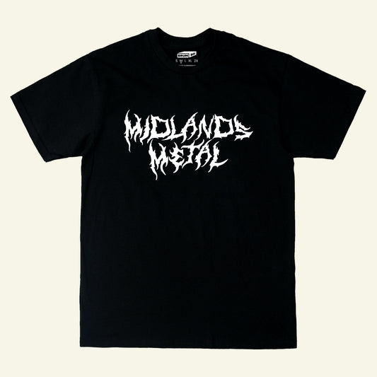 Brumbox's Midlands Metal black T-shirt, celebrating the metal music scene in Birmingham (front)
