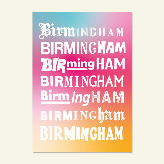 MultiTypeArtPrintProductImage2 2048 × 2048px Brumbox Birmingham multi type A3 art print in pink and orange