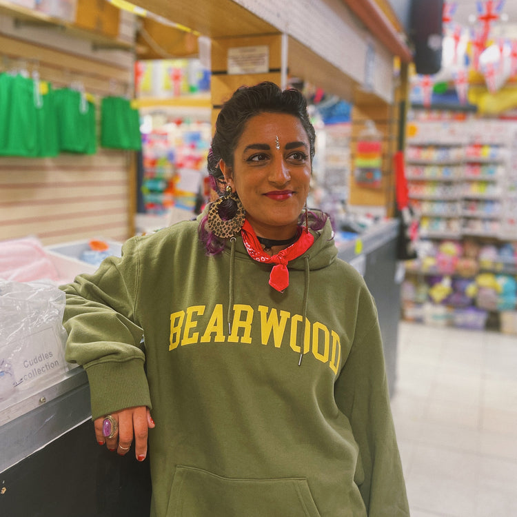 Brumbox Bearwood athletic varsity style logo chest print in yellow on moss green hoodie (front)