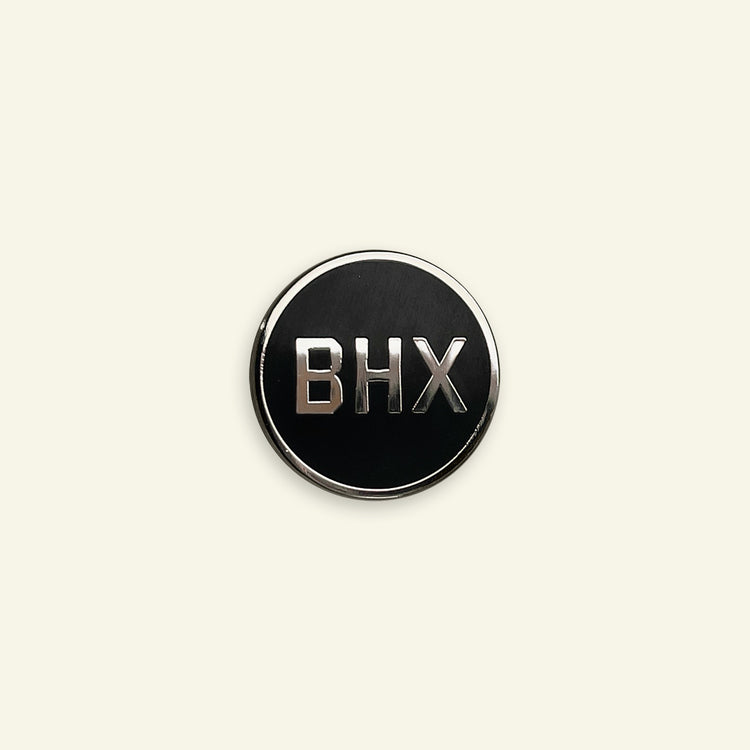 Brumbox BHX Birmingham enamel pin badge in nickel and black.