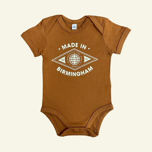 Brumbox Made in Birmingham toffee coloured baby grow (front)