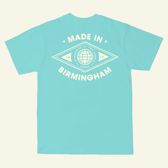 Brumbox Made in Birmingham, workshop of the world T-shirt in diamond mint (back)