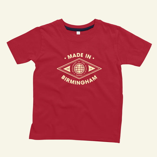 Brumbox Made in Birmingham kids T-shirt in red (front)