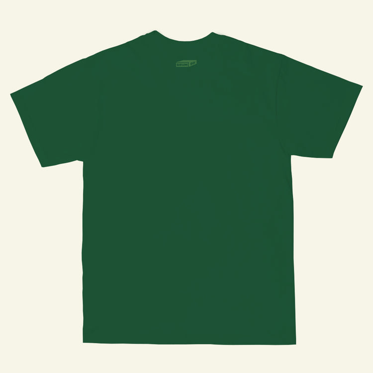 Small Brumbox logo printed in green at base of neck on a green t-shirt (back)